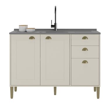 Imagem de Balcão de Pia 3 Portas 2 Gavetas 120cm sem Pia Tunisia Atualle - Off White Fosco/Canelato Rustico