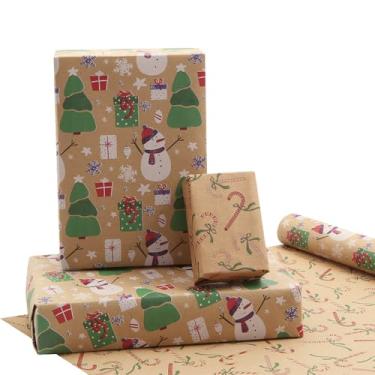 Imagem de Rolo de papel de embrulho de Natal boneco de neve, design de caixa de presente de bengala doce de boneco de neve de dupla face, embalagem vintage para presente de Natal e decoração - Mini rolo - 43 cm