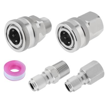 Imagem de PNXKTXO Conjunto de adaptador de lavadora de pressão NPT de 4 peças para mangueira, válvula de esfera, varinha, kit de conector rápido macho e fêmea de aço inoxidável com fita adesiva