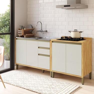 Imagem de Cozinha Modulada Compacta 2 Peças 4 Portas e 3 Gavetas 100% Mdf 200cm Barbados Espresso Móveis Amêndoa/Off-White