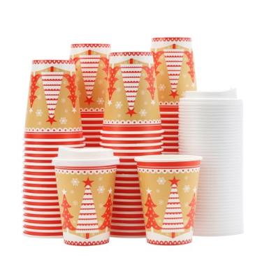 Imagem de Tamone PACOTE COM 100 Xícaras de Café Descartáveis de 340 g com Tampas, Copos de Café To Go com Tampas à Prova de Vazamento, Copos de Papel Árvore de Natal para Café Frio/Quente Bebida Chocolate Cacau