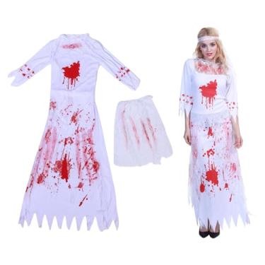 Imagem de Asixxsix Fantasia de Noiva Zumbi Feminina, Roupa de Fantasia Sangrenta de Halloween, Feminina Assustadora de Halloween para Festas de Dramatização Fantasma de (S)
