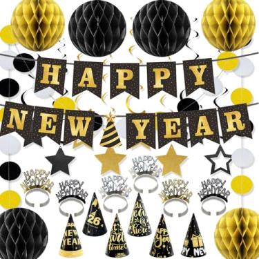 Imagem de YaYuanSun Artigos Para Festa De Ano Novo 2025 - 58 Peças Faixa Feliz Novo, Bandeira Papel Dourada E Preta, Chapéu, Cabeça, Balões Decoração Lembrancinhas