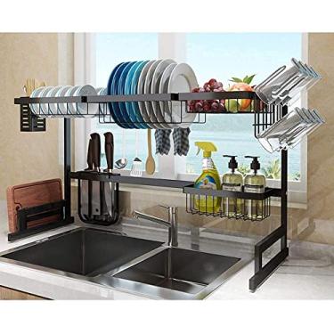 Imagem de AKALNNB Escorredor de louça, escorredor de pratos sobre a pia escorredor de pratos com suporte de copo escorredor de pratos de aço inoxidável organizador de pratos de cozinha