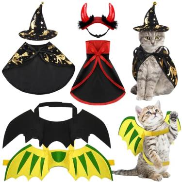 Imagem de Fantasia de Halloween para cães e gatos, 6 peças, capa de morcego de vampiro, asas de dinossauro, asas de dragão, chapéu de diabo, roupas de vampiro, roupas de gatinho, para festa de Halloween