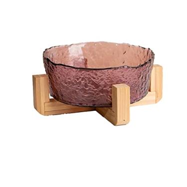 Imagem de URGDWEKJY Tigela de salada, tigela de salada, vidro, transparente, martelo, padrão, casa, vegetais, frutas, sobremesa, tigela de salada de cristal com suporte de madeira, tigela de frutas (B2 peças)