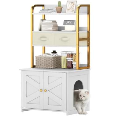 Imagem de YITAHOME Caixa de areia para gatos de 68,5 cm com prateleiras de armazenamento, grande caixa de areia oculta para gatos móveis com 2 gavetas e compartimento macio, canto de banheiro de armário de gato