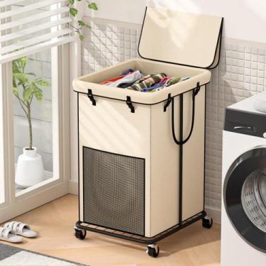 Imagem de Cesto de roupa suja YKDIRECT 150L com tampa, tecido Oxford com rodas