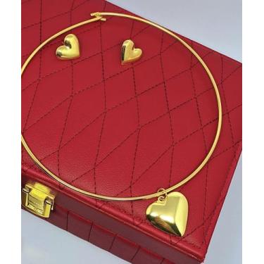 Imagem de Kit Colar e Brincos Feminino Coração Liso Pequeno Choker Elo Aro Rigid