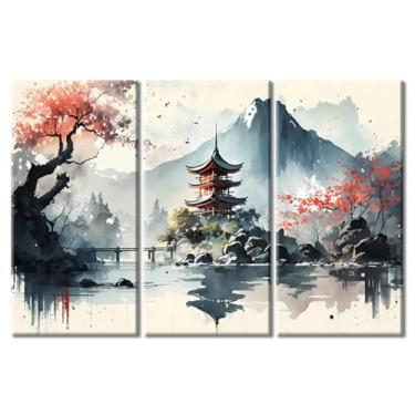 Imagem de Mount Fuji Canvas Art Pintura em Tela Paisagem Japonesa Templos no Japão Imagem Tela Grande Arte de Parede para Sala de Estar Decoração de Casa Contemporânea 3 Painéis Esticados em Moldura de Madeira