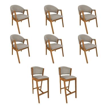 Imagem de Kit 6 Cadeiras De Jantar Helen Madeira Maciça Com 2 Banquetas Ana Cerejeira Premium Linho Bege