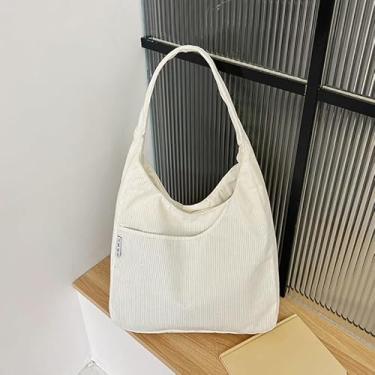 Imagem de Bolsa feminina de veludo cotelê, bolsa de mão de cor sólida com zíper, bolsa de ombro casual de grande capacidade, branca