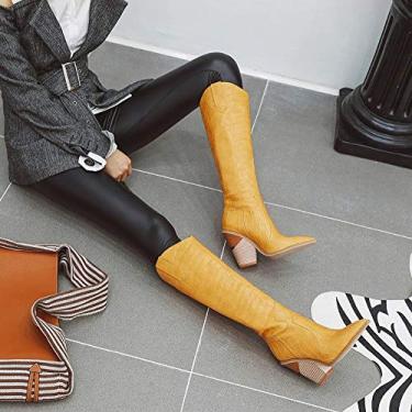 Imagem de Bigfanshu Botas femininas pretas amarelas e brancas até o joelho caubói ocidental botas longas de inverno bico fino vaqueira, Preto, 37 BR