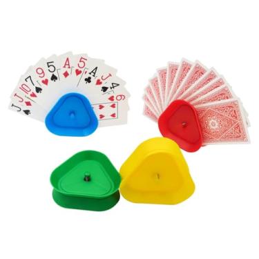 Imagem de Pacote com 4 unidades, 4 cores, cartolina, formato triangular, suporte de pôquer para baralhos de jogos