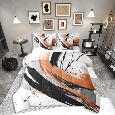 Imagem de Erosebridal Conjunto de edredom preto laranja queimado com lençol Queen - Jogo de cama geométrico moderno decorativo abstrato geométrico listrado para cama minimalista graffiti e linhas estéticas
