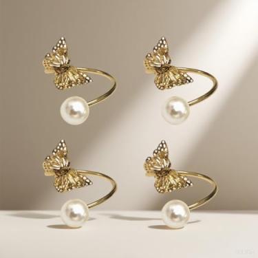 Imagem de 4 anéis de guardanapo vintage borboleta pérola - decoração de mesa de liga para casamentos e banquetes - porta-talheres decorativos