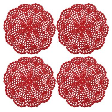 Imagem de Doilies de crochê, 4 peças de 20 cm - porta-copos de algodão de crochê feito à mão, jogo americano de renda redonda com padrões florais para decoração de festa de casamento (vermelho)