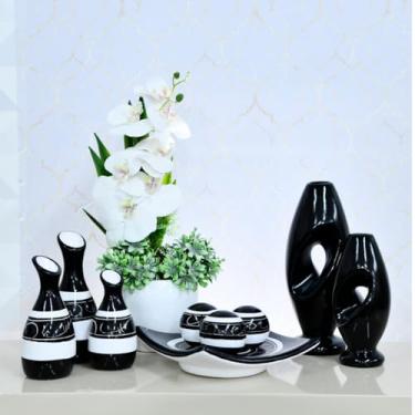 Imagem de Kit 9 Jarros Decorados Trio Vaso Ceramica Enfeite Centro Mesa Sala Enfeite Casa Rack Aparador Nicho Jarros Decorativos Para Sala(PRETO DS 9PÇS)