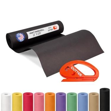 Imagem de Rolo de papel Kraft preto 30,5 cm x 30,5 m com cortador - Papel de embrulho feito nos EUA para embalagem, mudança, envio e artesanato/artes - Material de artesanato natural 100% reciclável da IDL