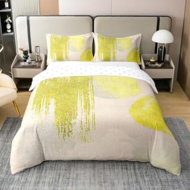 Imagem de jejeloiu Conjunto de capa de edredom de algodão bege amarelo Queen Size abstrato geométrico para meninos e meninas, arte minimalista, decoração de quarto, 3 peças com 2 fronhas (sem edredom)