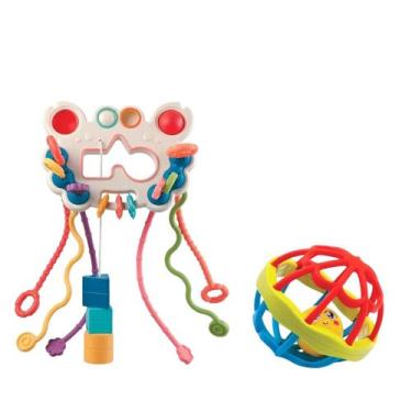 Imagem de Kit Chocalho Multissensorial 5 Em 1 Com Bola Mordedor Silicone Macia S