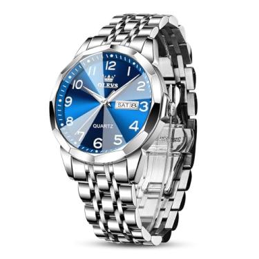 Imagem de OLEVS Relógio masculino masculino analógico, de aço inoxidável, quartzo, com data, prata, dois tons, grande, à prova d'água, luxuoso, casual, fácil de ler, mostrador numérico, mostrador masculino