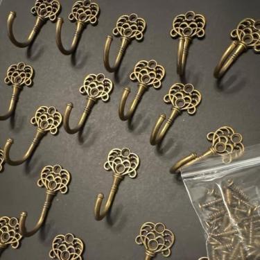 Imagem de 5 ganchos de bronze vintage com parafusos, ganchos criativos para porta de parede, cabide de metal para guarda-roupa de banheiro para casacos, bolsas, chaves, xícaras de café | Padrão floral de
