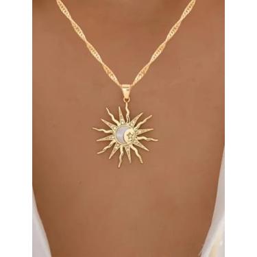 Imagem de Colar dourado com pingente de estrela e sol, lua, boêmio, celestial, para mulheres