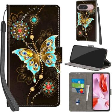 Imagem de Capa carteira para Google Pixel 9 / Pixel 9 Pro, com [3 compartimentos para cartão], fecho magnético com suporte, capa protetora de couro PU à prova de choque 16 cm, borboleta verde
