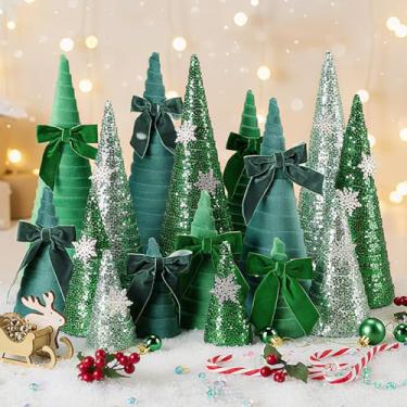 Imagem de Soulchen Conjunto de 16 peças de árvore de cone de Natal de 30,5 cm/25,4 cm/15,2 cm/10,2 cm com lantejoulas, mesa de veludo de Natal, centro de mesa com bolas, decorações modernas de inverno para