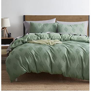 Imagem de Nestl Conjunto de capa de edredom Boho Bedding Twin Tufted com enchimento acolchoado alternativo – Verde Paragon – Conjunto de 3 peças texturizado inclui capa de edredom com enchimento e uma fronha
