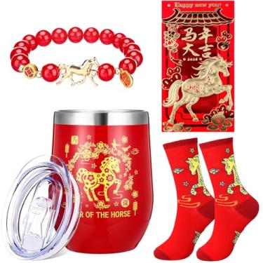 Imagem de Skylety Ano Novo Chinês 2026 Conjunto de Presentes Ano do Cavalo 2026 Presente com Meias Tumbler Envelope Vermelho e Pulseiras para Ano Novo Chinês 2026 Presentes Festivos Masculino e Feminino (Cavalo