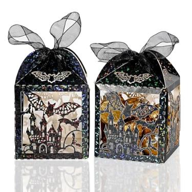 Imagem de DELEMI 50 caixas de doces de morcego de Halloween, caixas cortadas a laser, caixas de presente de agradecimento, doces para decoração de Halloween, festa de aniversário, casamento com fitas 5,5 cm x