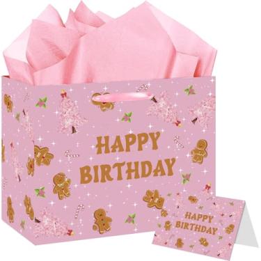 Imagem de EIGHTSTATES Bolsa rosa de presente de feliz aniversário, grande bolsa de presente de homem de gengibre com cartão e papel de seda, saco de papel de festa de Natal para meninas, amigos, férias, artigos