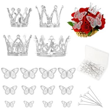 Imagem de 66 peças acessórios de buquê de flores prata, topo de coroa de bolo, mini coroas decoração para aniversário casamento