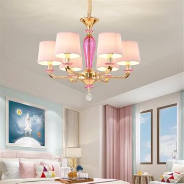 Imagem de Lustre de cristal de luxo europeu com LED para sala de estar americana, restaurante, quarto, villa, hotel, duplex, luminária pendente (rosa G, 6 luzes)