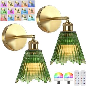 Imagem de Jaenmsa Arandela de parede vintage operada a bateria com abajur de vidro grade de cristal verde recarregável a bateria com controle remoto para cabeceira, quarto, banheiro, conjunto de 2