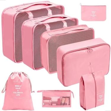Imagem de Kit Organizador de Mala 8 Peças Packing Cubes com Compressão Porta Sapatos Necessaire Transparente Roupas Sujas para Viagem (Rosa)