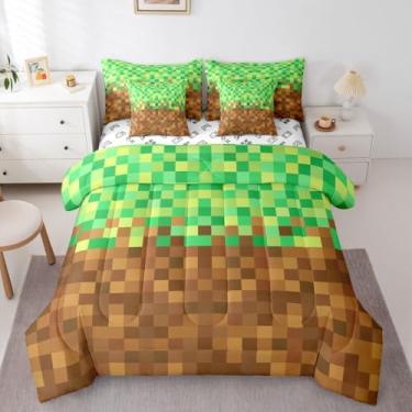 Imagem de Manfei Jogo de cama com edredom pixelado, 7 peças, videogame, gamepad mineiros, edredom de grade geométrica, marrom e verde, lençol com elástico, lençol de cima, fronhas, fronhas