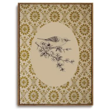 Imagem de KISSFOX Arte de parede emoldurada vintage Boho botânica floral desenho de pássaro impressões de arte em tela imagens de casa de fazenda rústica decoração de parede cottagecore pinturas antigas arte