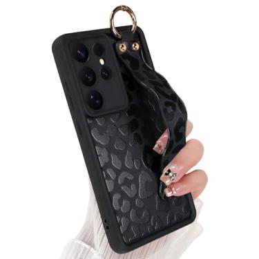 Imagem de Jefonha Capa de silicone para Samsung Galaxy S25 Ultra com suporte, elegante capa de telefone leopardo guepardo para meninas e mulheres, alça de dedo ajustável à prova de choque, leopardo preto