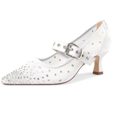 Imagem de Sandália feminina de malha fechada bico fino com strass tira no tornozelo fivela salto gatinho Mary Jane sapatos elegantes para formatura casamento 5 cm, Branco, 44
