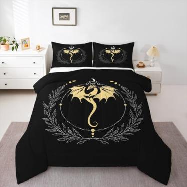 Imagem de Feelyou Conjunto de edredom infantil boêmio, dragão preto, sol e lua, para decoração de quarto de meninos e meninas, 3 peças