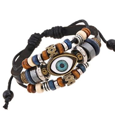 Imagem de Rockyu Pulseira masculina, ajustável, couro bovino, elegante, estilo antigo, motivo de olho, pulseira de contas multicamadas, casais, presente, presente de aniversário, ミディアム, Couro bovino, Sem Pedra