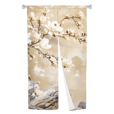 Imagem de Leowefowa Cortina de porta japonesa Noren longa tratamento de janela chinesa vintage magnólia floral tapeçaria de porta para pendurar divisória de sala de cozinha decoração de casa (branca, magnólia
