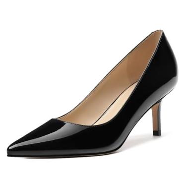 Imagem de JUSTVINDO Sapatilhas femininas, bico fino fechado preto dourado salto gatinho para mulheres, confortável 5 cm salto médio sapato social feminino, Patente preta, 35