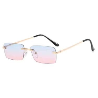 Imagem de JRLLFD Óculos de sol sem aro femininos, luxuosos, retrô, armação pequena, masculino, para áreas externas, UV400 (dourado, azul, rosa)