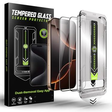 Imagem de Película protetora de privacidade/HD transparente [2 pacotes] com kit de instalação fácil de alinhamento automático para modelos iPhone 15/16, vidro temperado 9H 3D, remoção automática de poeira