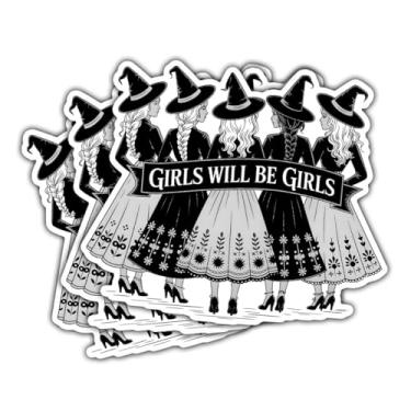 Imagem de (3 peças) Adesivos Girls Will Be Girls, Decalques de vinil femininos bruxos para mulheres, arte de bruxas de Halloween, adesivos estéticos feministas góticos para laptops, diários, garrafas de água