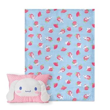 Imagem de Northwest Cinnamoroll Cobertor de seda com toque de morango 127 x 152 cm com travesseiro de bolso de pelúcia 35 x 50 cm - Conjunto de cobertor e travesseiro confortável e aconchegante para meninos e